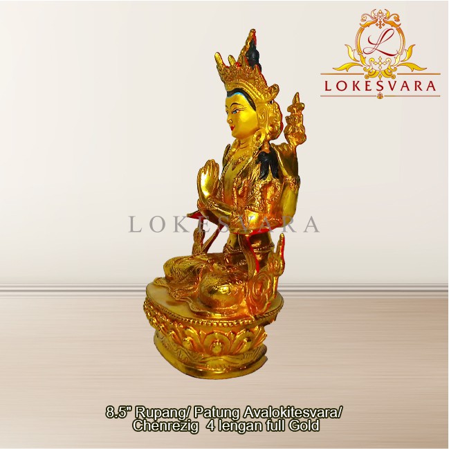 Patung Rupang Arca Logam Avalokitesvara 4 Lengan 8.5inch Full Gold