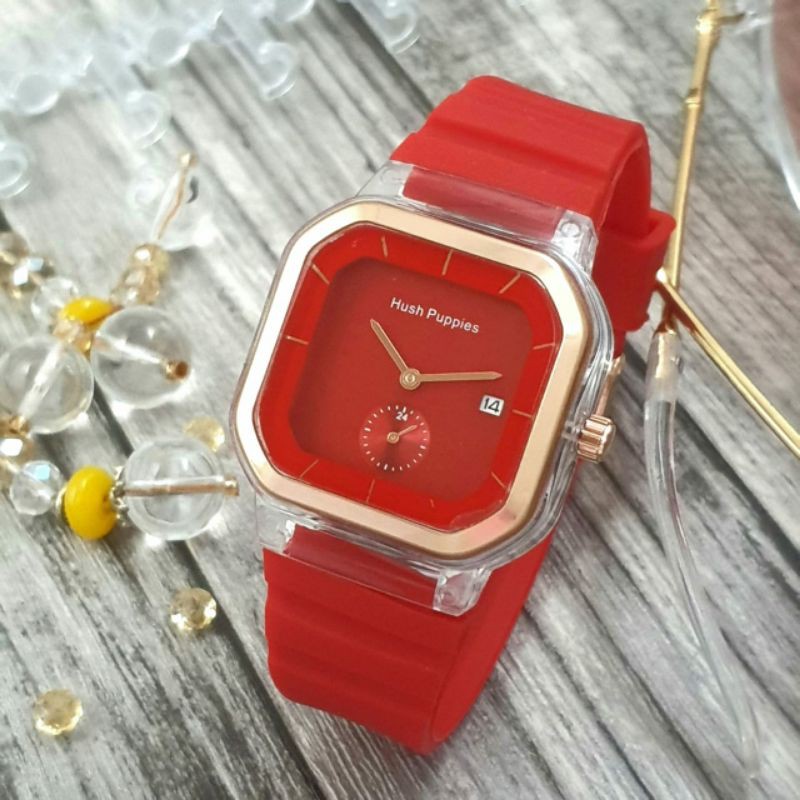 Jam Tangan Wanita / Cewek Hush Puppies 2811 9311 Rubber Segi Crono Detik Fesyen Watch