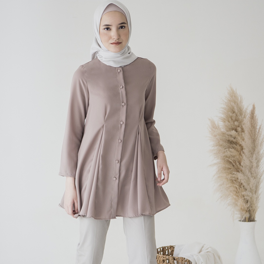 Wiyana by Aska Label - Basic Blouse Wanita Muslim Full Kancing warna Lilac, Navy, Taupe, Light Moss, Olive, Deep Cranberry