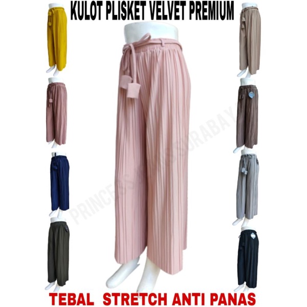 KULOT PLISKET TERBARU PREMIUM VELVET PANJANG prisket terbaru kekinian kulot plisket premium jumbo tebal import warna warni kulot plisket lidi premium panjang  jumbo wanita tali celana kulot plisket premium wanita warna hitam pkisket