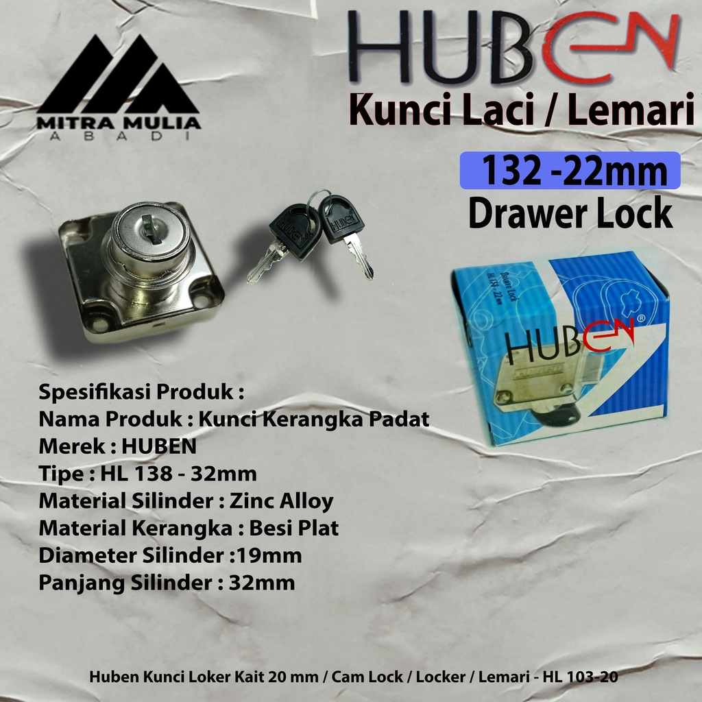 KUNCI LEMARI MEJA HUBEN 22 MM HL 138 - 22 KUNCI LACI KERANGKA PADAT