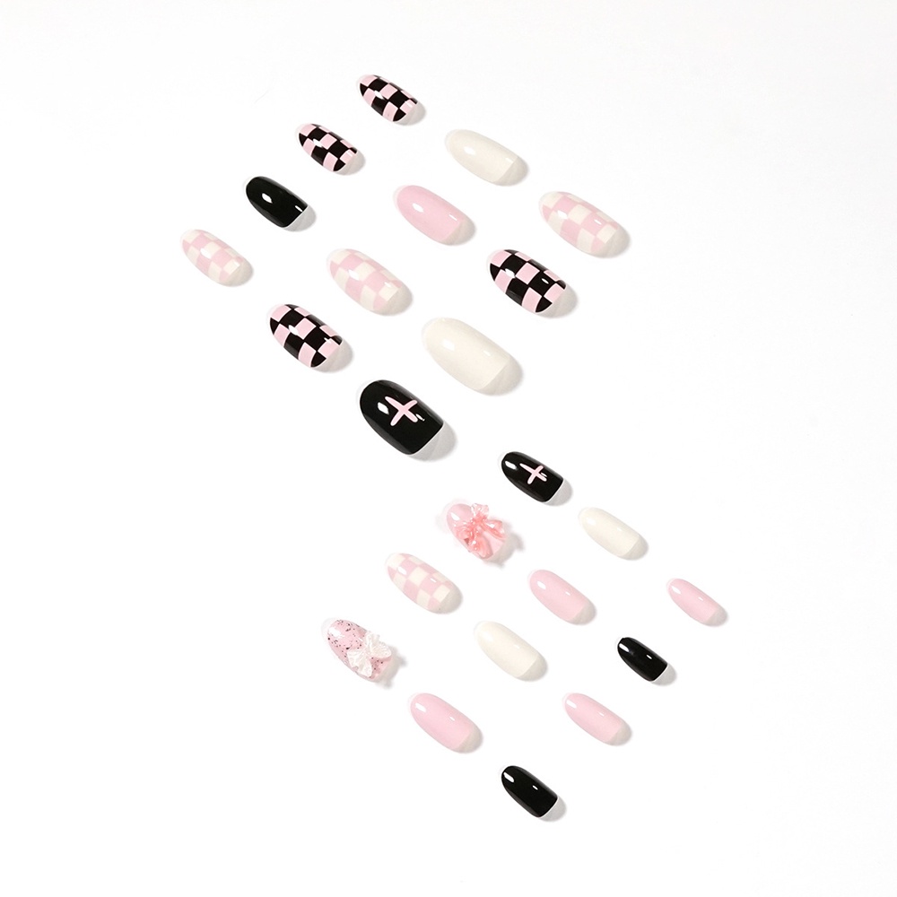 24pcs Kuku Palsu Motif Kotak-Kotak Warna Pink Untuk Dekorasi Nail Art