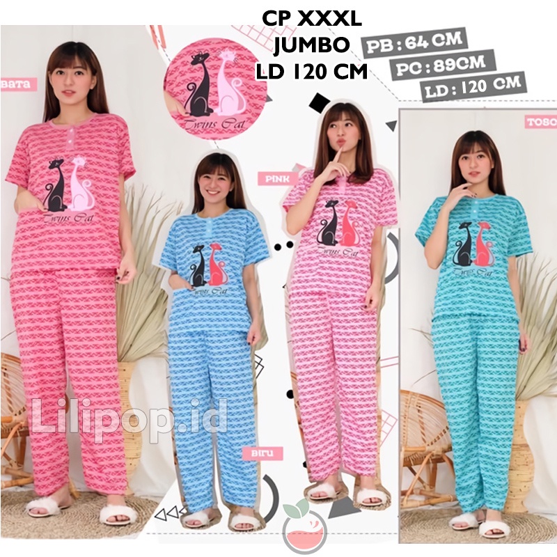 Lilipop.id  Baju Tidur Wanita CP Jumbo Twin cat Setelan Piyama BabyDoll XXXL Kaos Celana Panjang