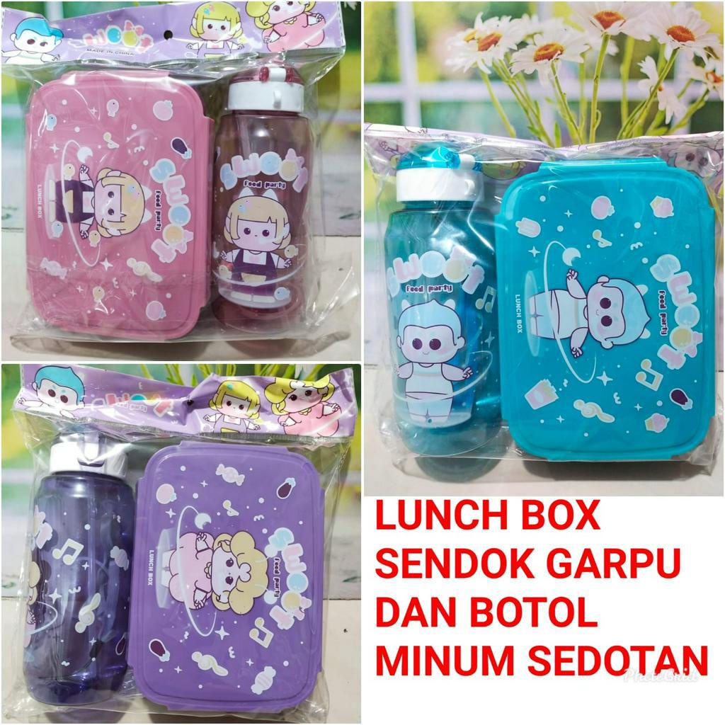 LUNCBOX BEKAL MAKAN ANAK 2 IN 1 DAPAT SENDOK GARPU FREE BOTOL MINUM SEDOTAN || KOTAK MAKAN ANAK KARAKTER - BD