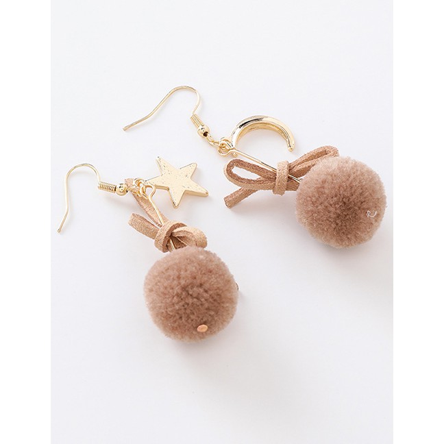 LRC Anting Gantung Fashion Pink Brown Plush Star Moon Bow Earrings D63759