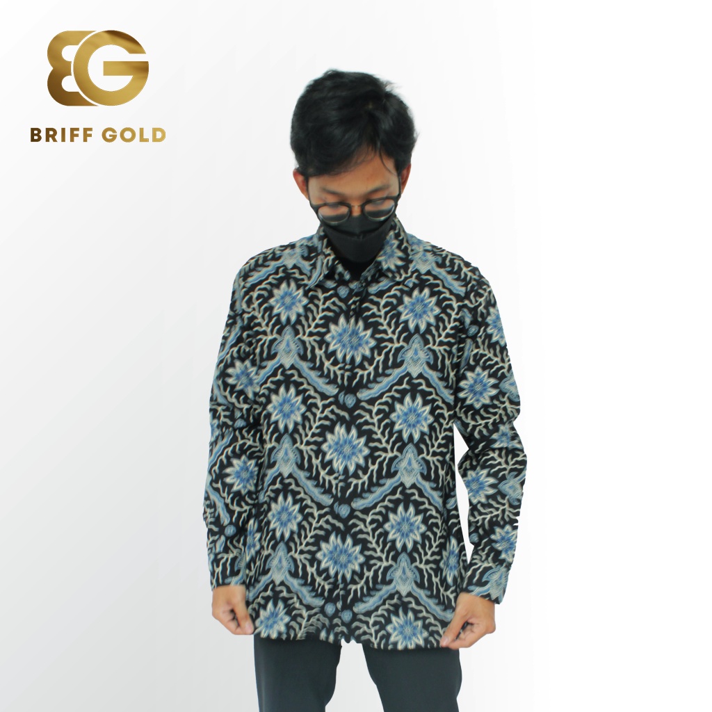 Kemeja Batik Pria Biru Akar Bunga Lengan Panjang