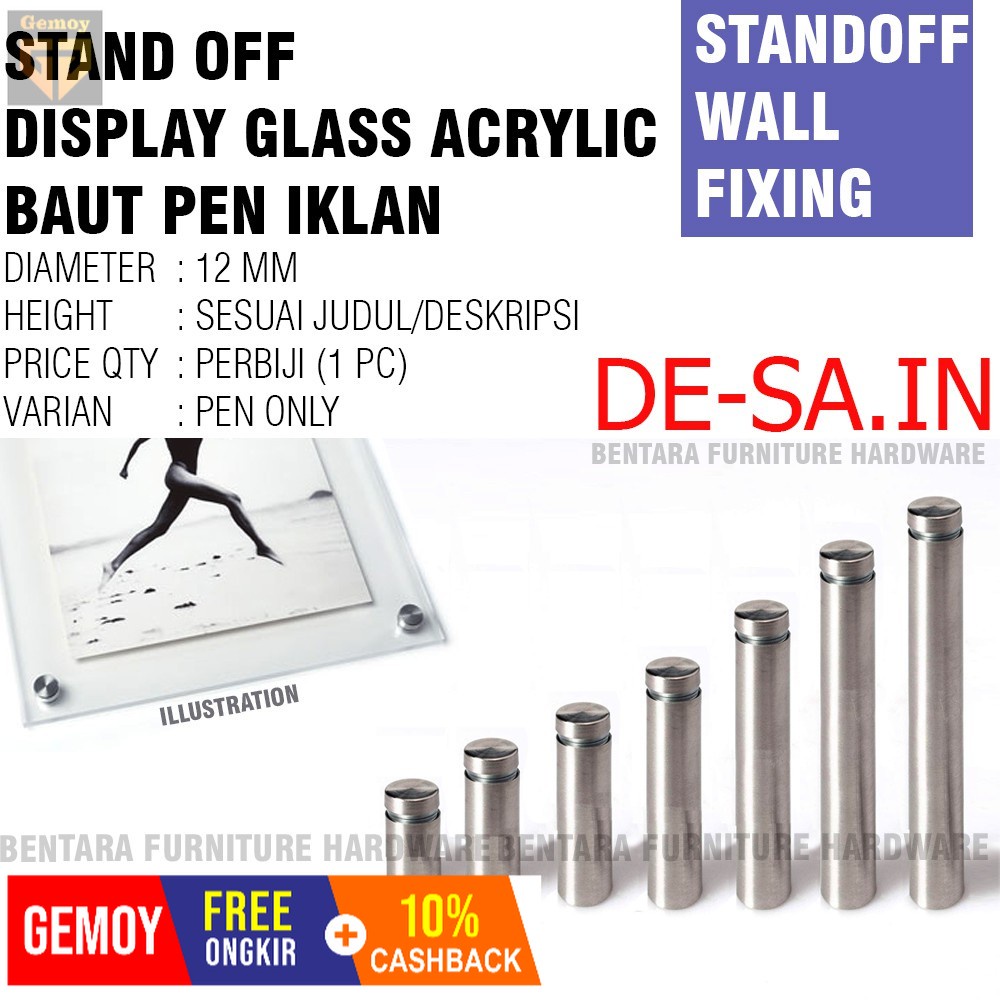 Gemoy 12 MM Pen Iklan 12 x 30 - Acrylic Glass Board Sign Stand-off (Pen Baut Stabil Kaca / Akrilik) 12MM X 30MM (1/2&quot; X 3/4&quot;) 12 MM