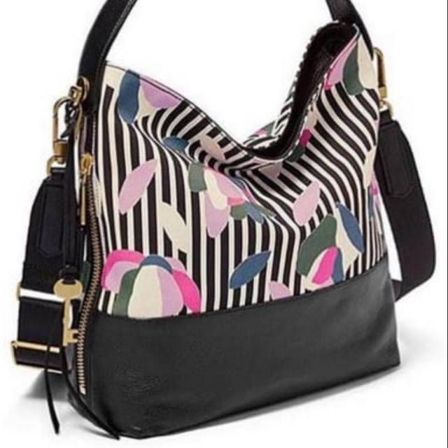 Fossil Maya Hobo Black Floral Stripe