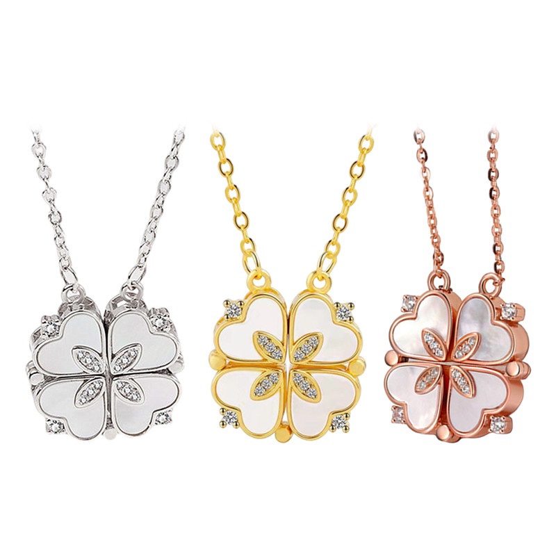 Kalung Rantai Dengan Liontin Hati Clover Lipat Magnetik Untuk Wanita