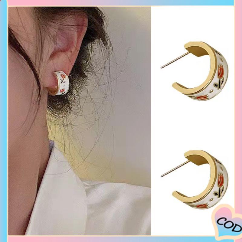 COD❤️Retro Musim Semi Tulip Lingkaran C Cincin Gaya Hong Kong s925 Sterling Silver Stud Earrings-A.one