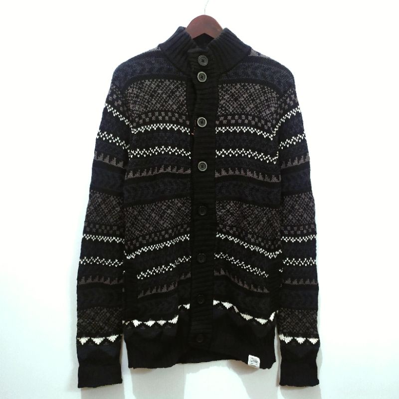 322028 Azul - Semi long cardigan rajut motif kombinasi hitam abu putih