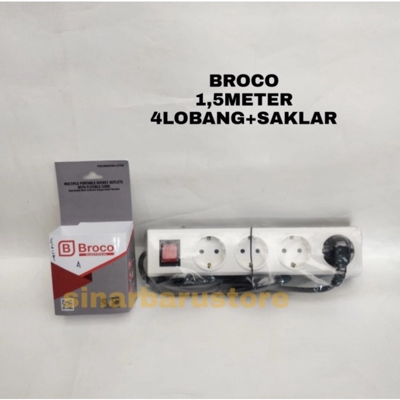 Stop Kontak Arde Broco + Saklar + 4 Lubang + Kabel 1,5 Meter