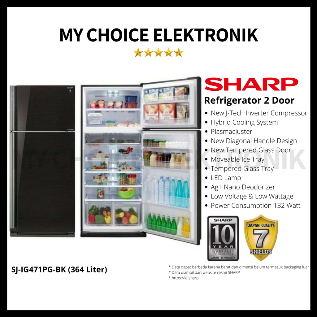 Sharp SJ-IG471PG-BK Kulkas 2 Pintu 397L Glass Door Hitam - Grand Vetro