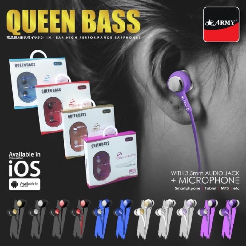 Headset ARMY QUEEN BASS Handsfree ARMY QUEEN BASS Earphone ARMY QUEEN BASS ORIGINAL