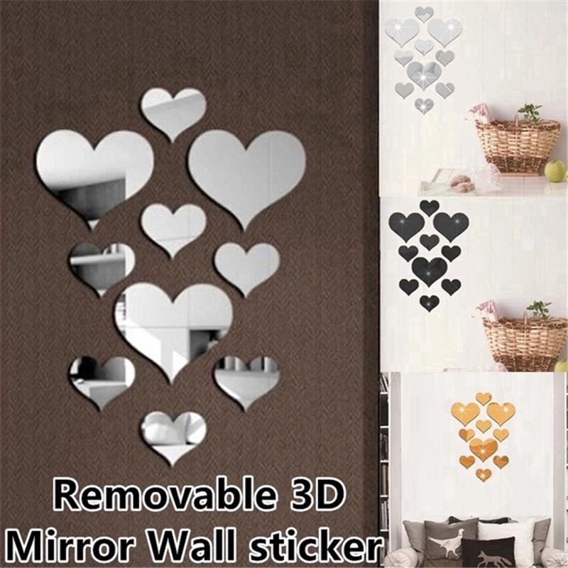 10Pcs/Set Home 3D Acrylic Mirror Love Hearts Wall Sticker / DIY Simple Decal Removable Paster Decor