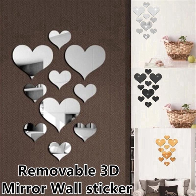 10Pcs Pack 3D Mirror Acrylic Mirror Self-adhesive Love Heart Wall Stickers