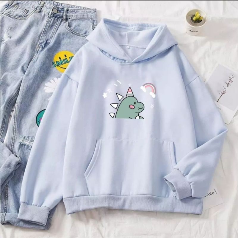 DINO WITH RAINBOW SWEATER HOODIE WANITA PRIA TERMURAH TERLARIS'