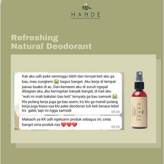 HANDE refreshing natural deodorant 60ml bpom murah pengharum ketiak ketek penghilang bau badan decant share in jar bottle travel mini full size travelling harum wangi tawas deodoran deo