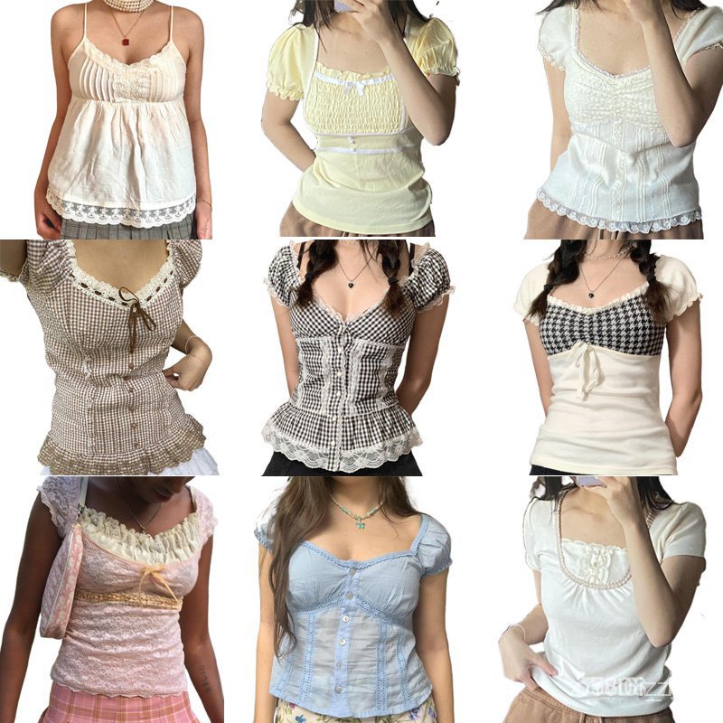 Y2K Fairycore Grunge Milkmaid Top Retro Aesthetic Kawaii Lace Trim Crop Top Cute Sweet Girl Corset V