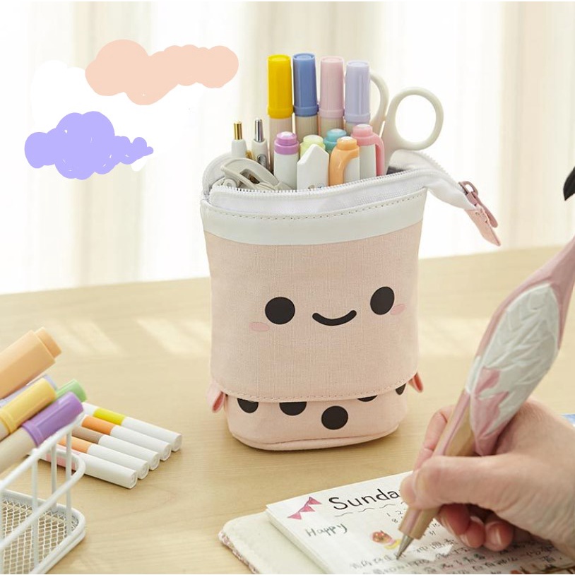 

Retractable standing Stationery Case Drop down cute boba Zipper pencil case Kotak pensil unik