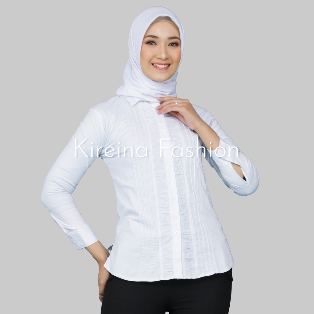 Kemeja Putih Wanita Rempel Panjang Bahan Katun Stretch Melar | Kireina Fashion