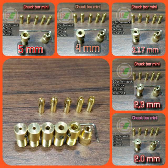 Chuck collet mini bor pcb untuk as 2mm / 2,30mm / 3,17mm / 4mm / 5mm atau mata bor 1set