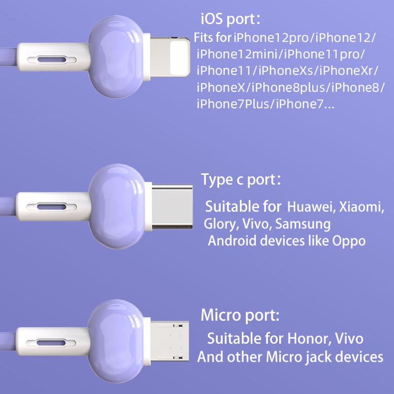 Kabel Charger Micro Usb / Tipe C / 8 Pin 2.4A 3 in 1 Multifungsi Untuk Handphone Universal