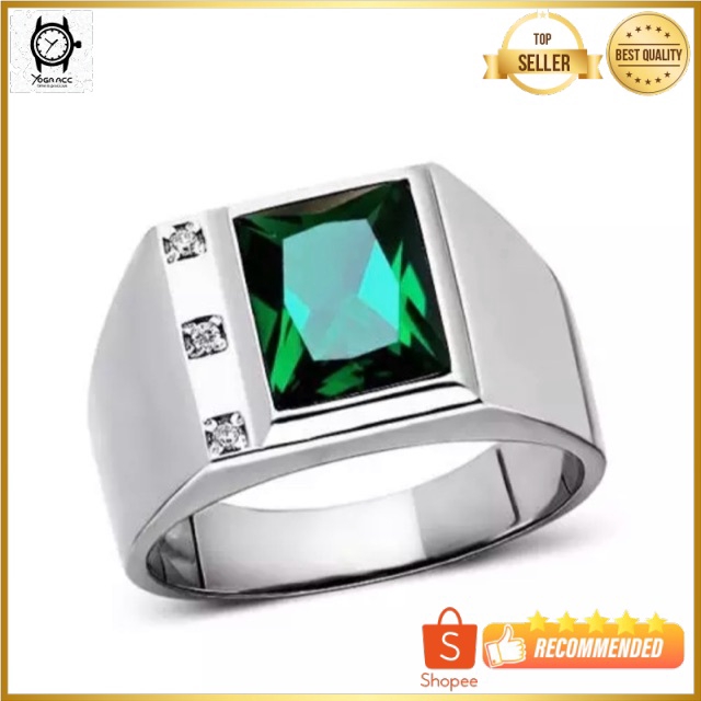 Cincin Pria Perak Zamrud Hijau Mewah Elegan Minimalis Green Emerald