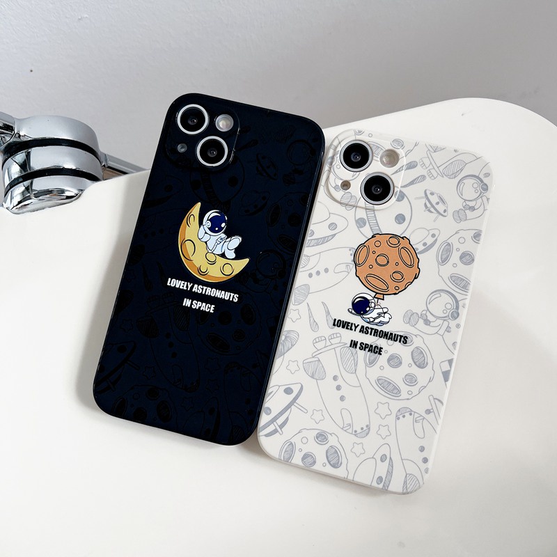 Cute Moon Astronaut Soft Case iP iPhone 6 6S 7 8 + Plus X XR SE 2020 XS Max 11 12 13 Pro Max Side Pattern Casing