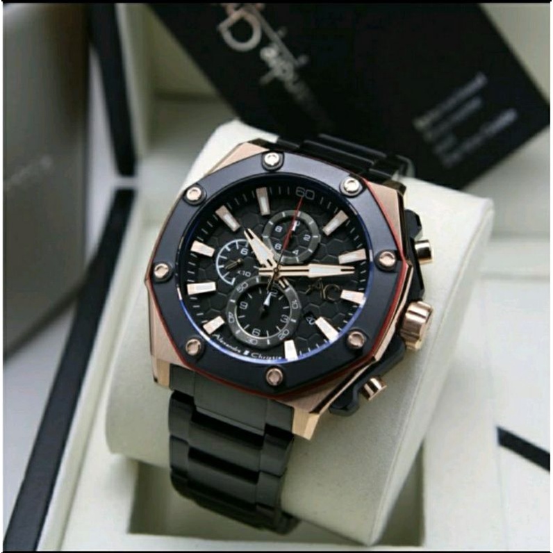 ORIGINAL GARANSI RESMI JAM TANGAN PRIA ALEXANDRE CHRISTIE CHRONO ROSE GOLD BLACK RANTAI STAINLESS ST