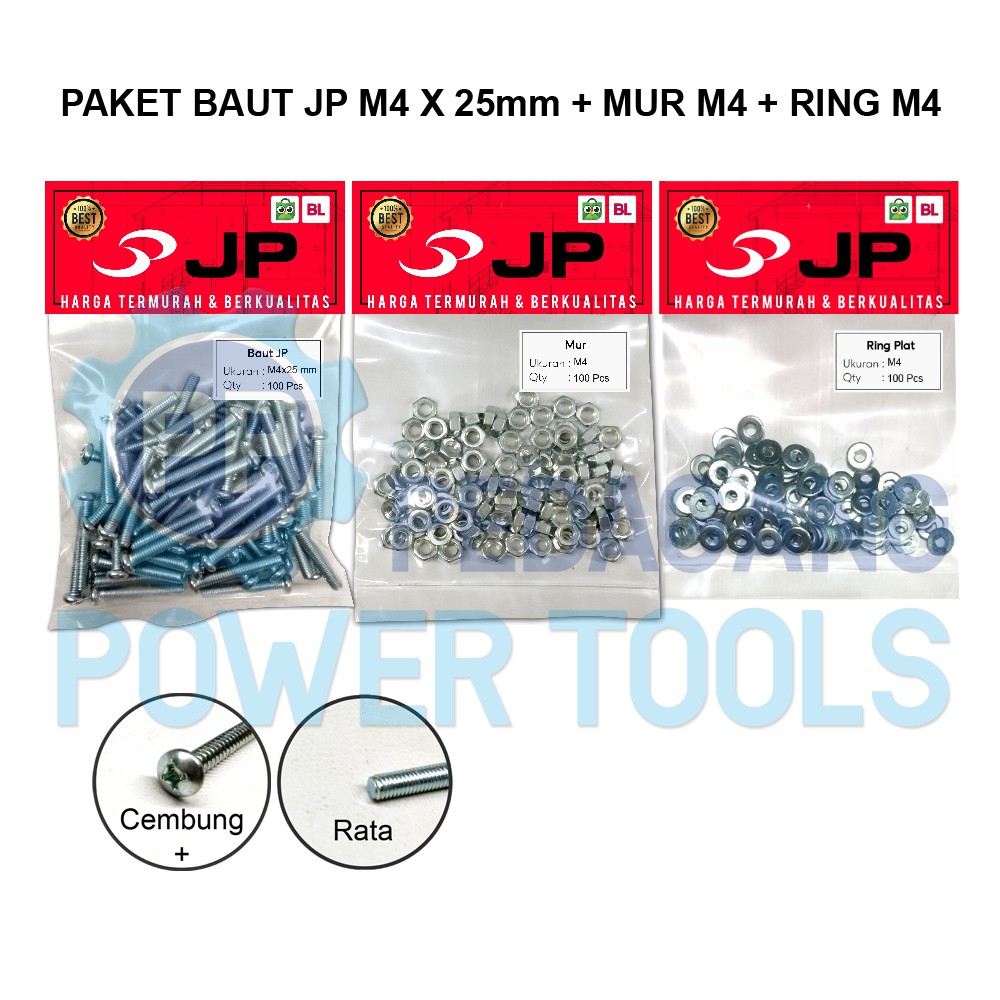 PAKET 3 SET JP M 4x25 BAUT MUR RING PLAT M 4 x 25 MUR M4 ISI 100 PCS