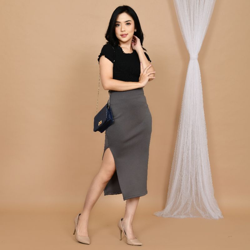 Midi Slit Skirt Rok Span korean Plain