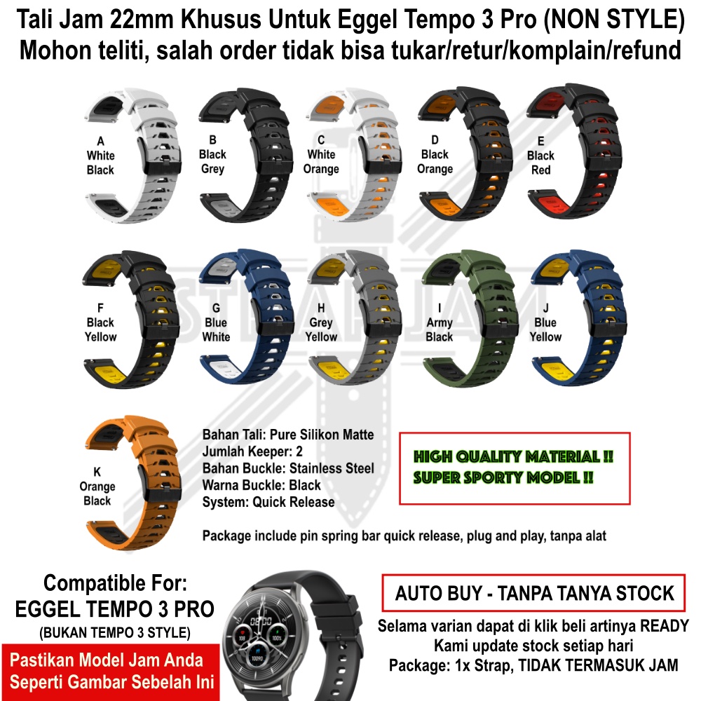 GTO 22mm Tali Jam Tangan Eggel Tempo 3 Pro - Strap Silikon Rubber Model Sporty Keren