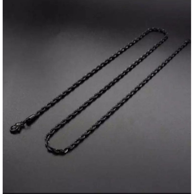 Kalung Titanium Asli Hitam Pria Anti Karat Anti Luntur Premium Kotak Gepeng Holo Tambang Plintiran