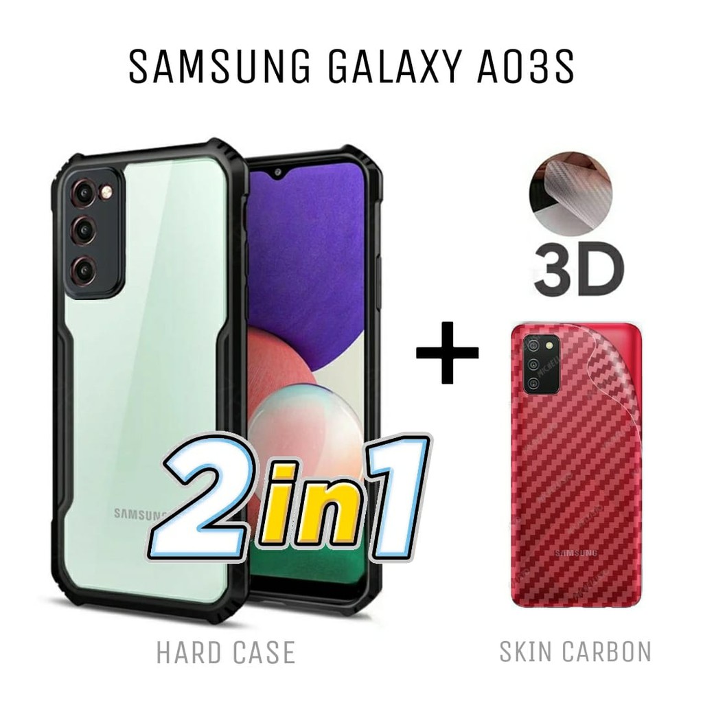 PROMO Paket 2in1 SAMSUNG GALAXY A03S Hard Case Fusion Shockproof  Transparant Free Skin Carbon