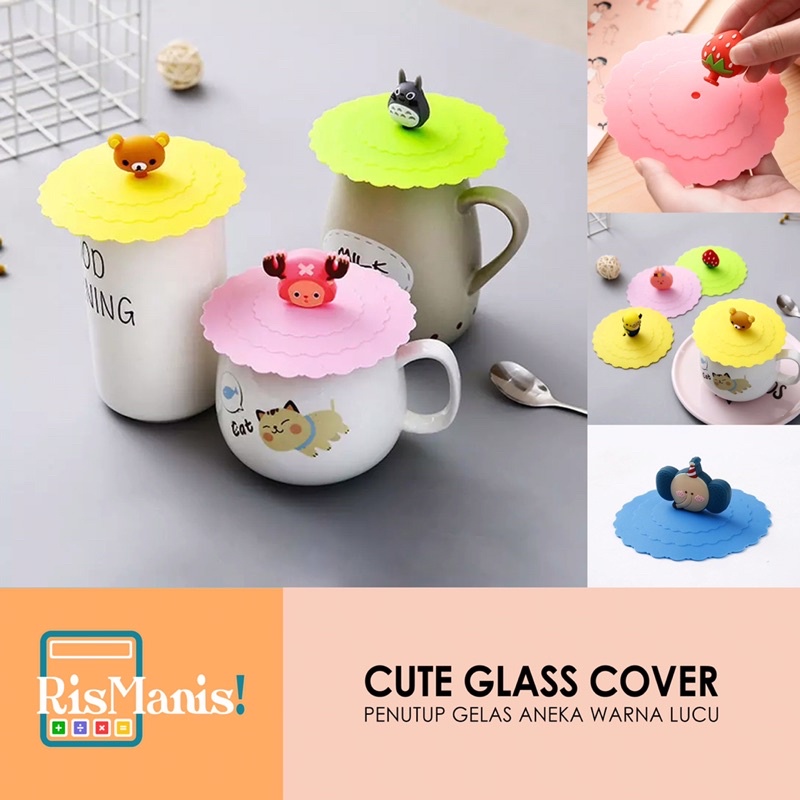 CUTE GLASS COVER - Tutup Gelas Penutup Cangkir Mug Silikon Aneka Warna Motif Karakter Kartun Lucu