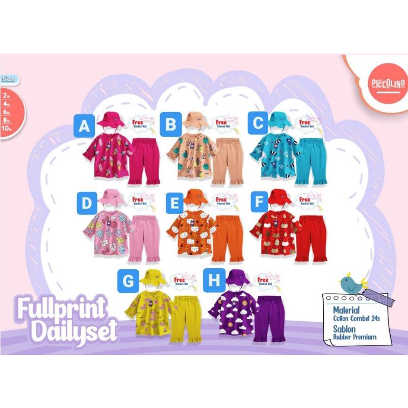 Daily Set Baju Celana Piccolino | Shirt Anak Free Bucket Hat 2-10 thn