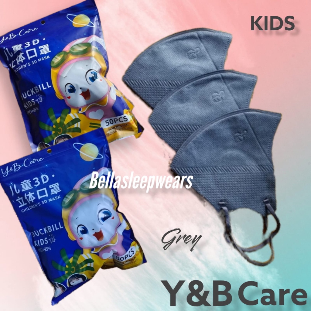 YB KIDS DUCKBILL GARIS ISI 50 PC - MASKER DUCKBILL Y&amp;B CARE ANAK EMBOS THUMB JEMPOL KOREAN BRANCH 3PLY KEMENKES PUTIH HITAM ABU WARNA