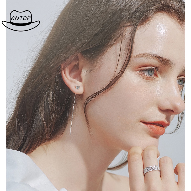 1 Pasang Anting Stud Rantai Rumbai Panjang Desain Kupu-Kupu Gaya Minimalis Untuk Hadiah Natal ANTOP