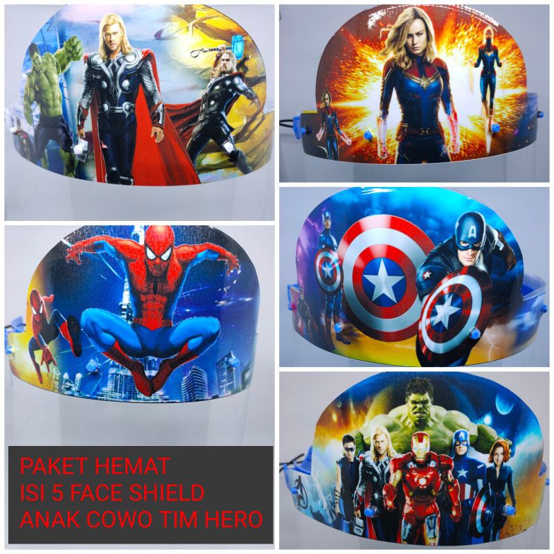 

PAKET ISI 5 FACE SHIELD TIM AVENGER SPIDERMAN THOR HULK CAPTAIN AMERICA FREE PACKING KARDUS BOX