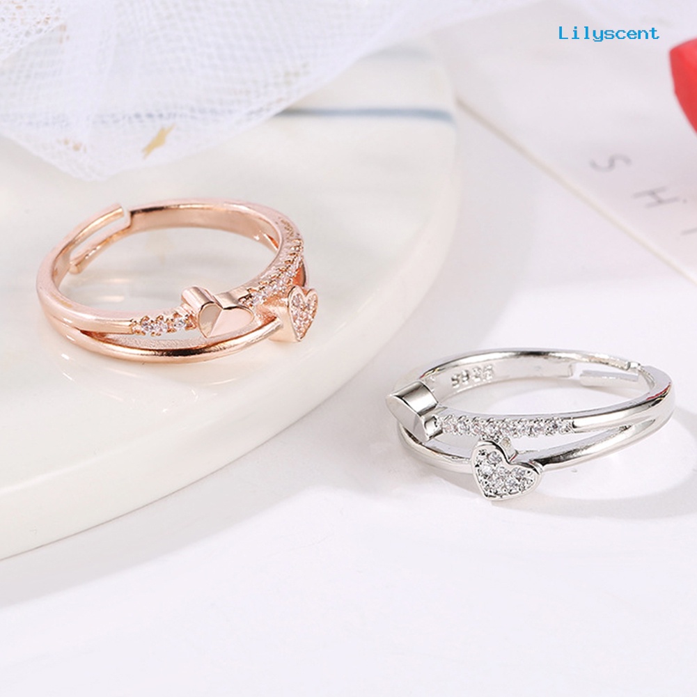 Cincin Model Terbuka Desain Hati Ganda Aksen Berlian Imitasi Untuk Wanita