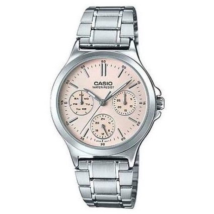 JAM TANGAN RANTAI PRIA / WANITA  CASIO MTP V300D ANALOG QUARTZ GROSIR IMPORT STAINLESS STEEL CS014-PINK