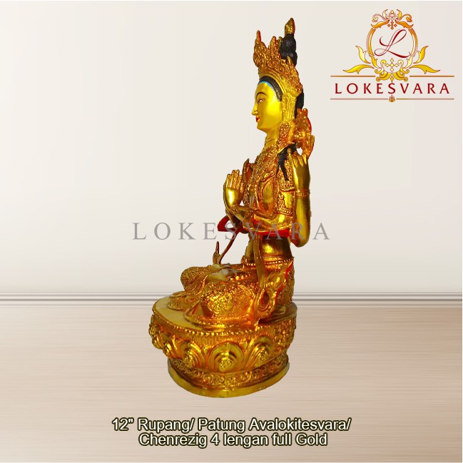 Patung Rupang Arca Logam Avalokitesvara 4 Lengan 12inch Full Gold