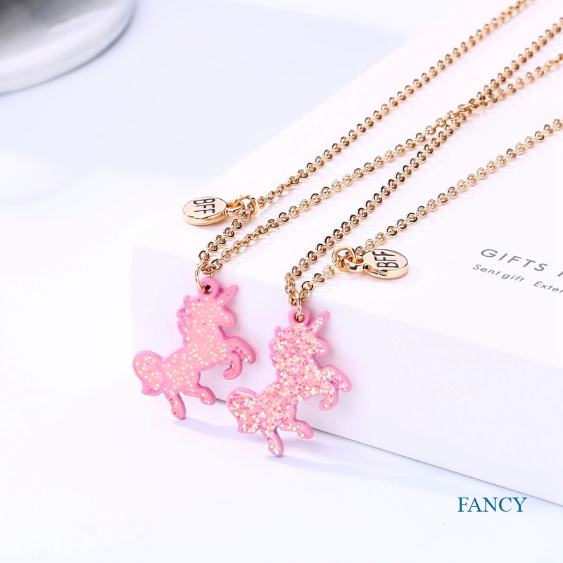 2pcs / Set Kalung Rantai Dengan Liontin Unicorn Hati Warna-Warni Untuk Hadiah Persahabatan