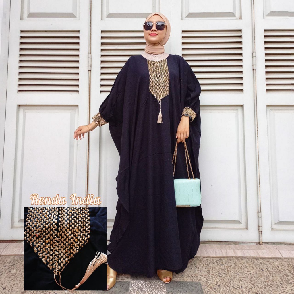 Kaftan Wanita Jumbo Polos Renda India Rayon Premium Gamis Terbaru Bigsize Lengan Karet Baju Muslim Kekinian LD 180 cm