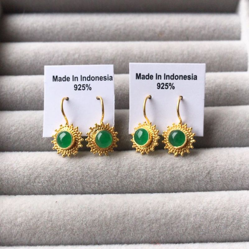 anting perak lapis emas batu giok
