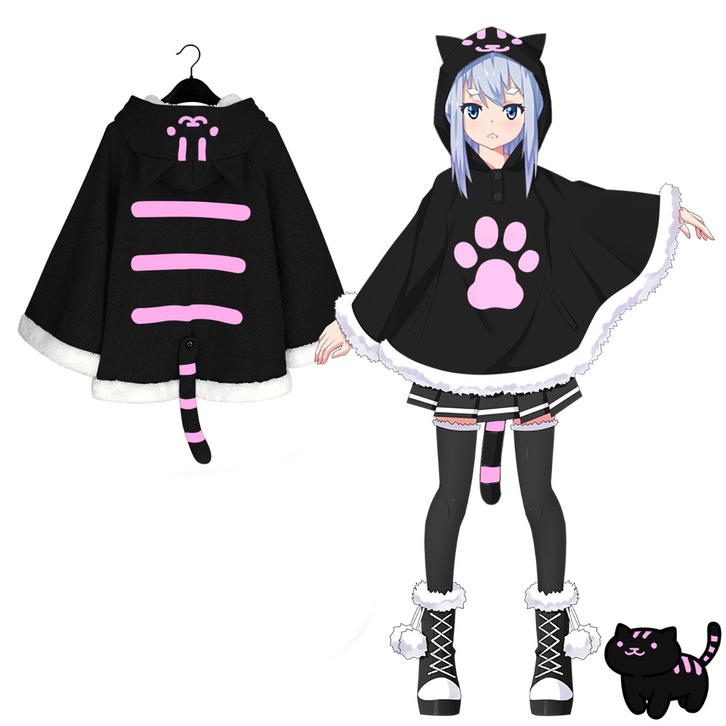 Hoodie Neko Kawaii Black Jubah Cosplay Kucing Hitam Lucu Cute Style Lolita Japan Bahan Fleece Premium