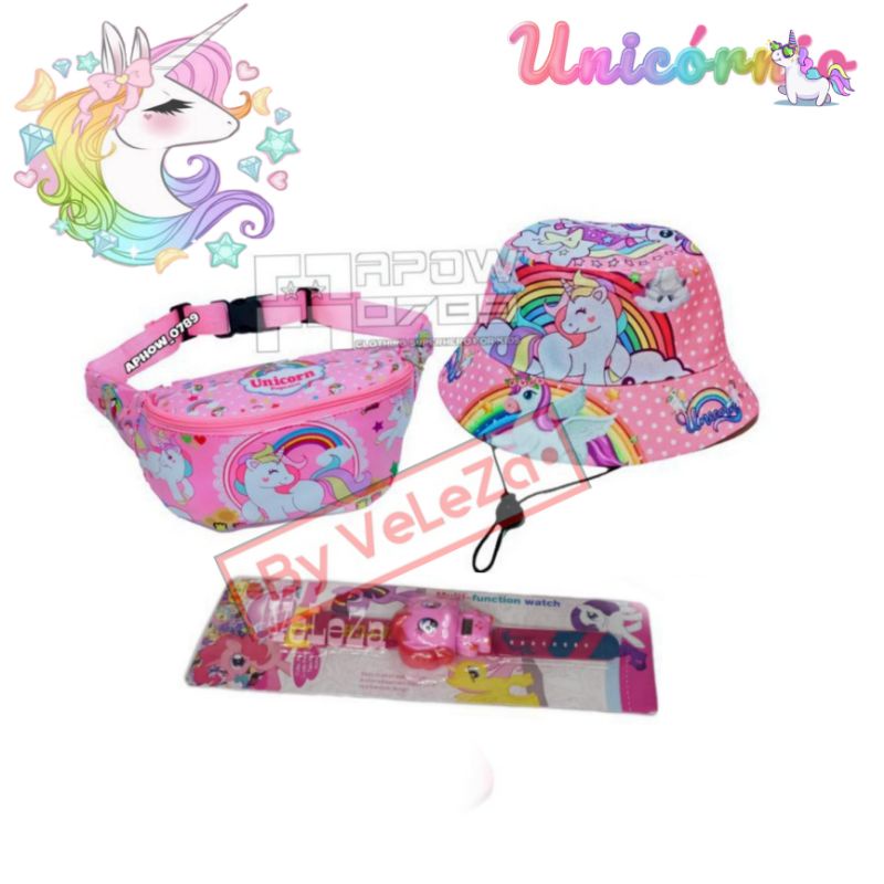 Waistbag anak karakter unicorn 3in1 - tas + topi bucket + jam tangan