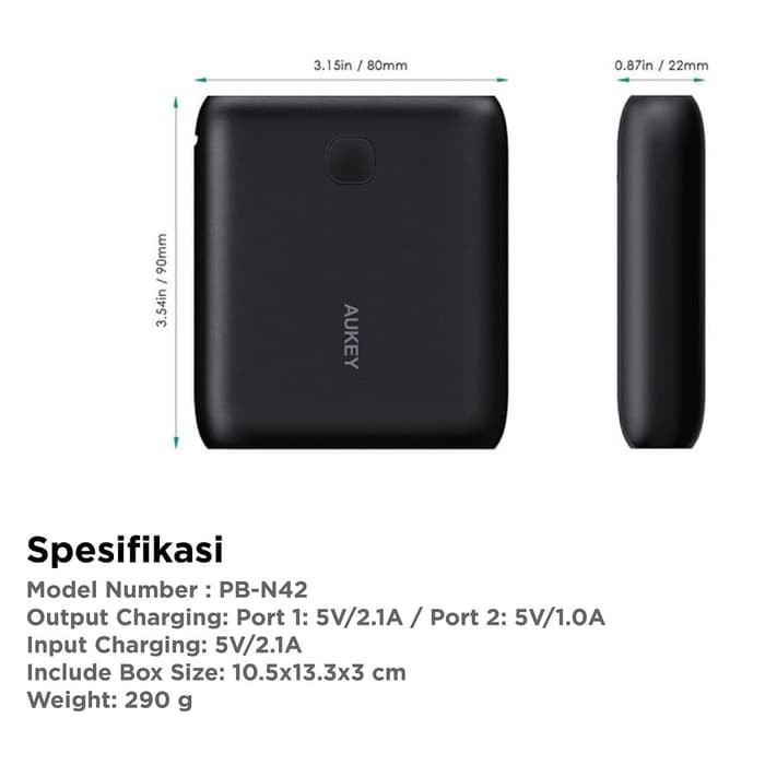 Aukey Pb-N42 Pocket 10000Mah Power Bank - Hitam