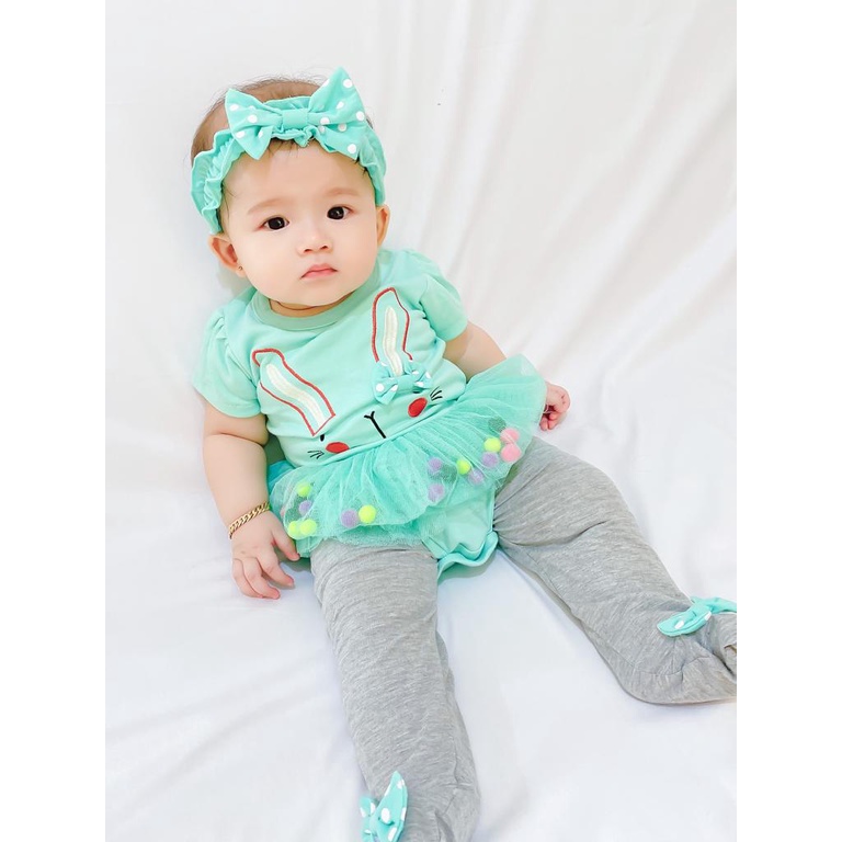 jumper newborn romper bay kado lahiran anak perempuan bunny pom pom legging JUMPER SET baby bayi cewek perempuan 0-12 bulan newborn romper fashion di